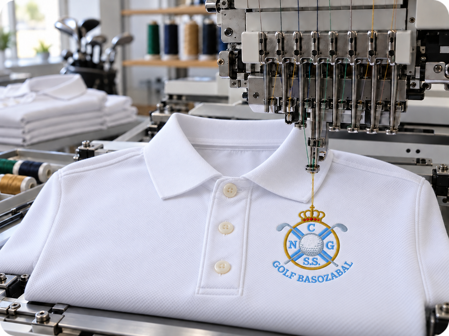 Máquina bordando el escudo de golf en un polo